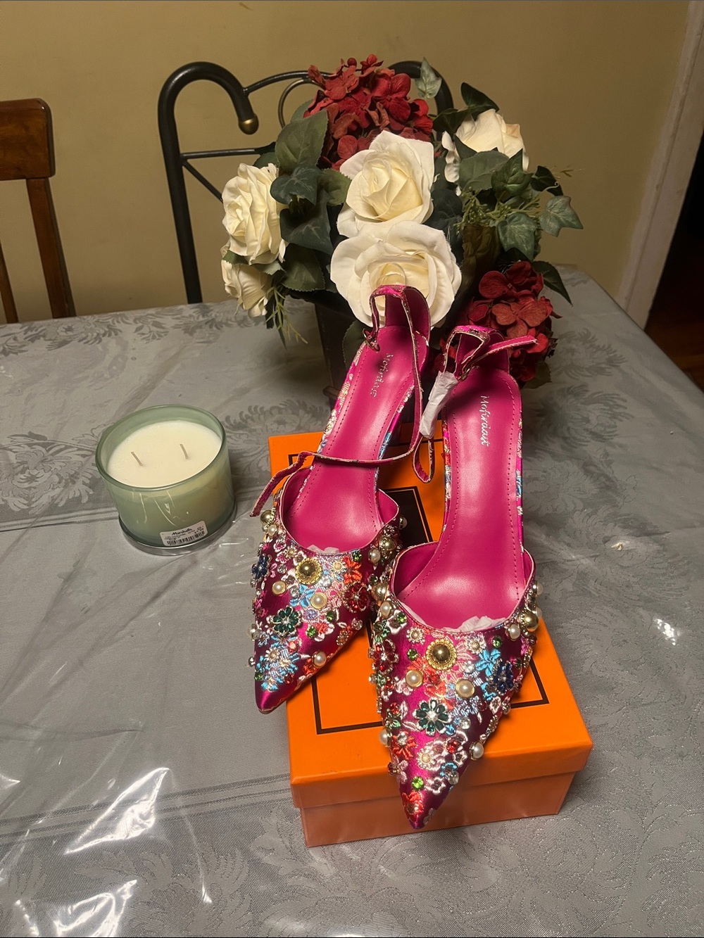 Bejeweled Pink Embellished Pointed Toe Heels - Women